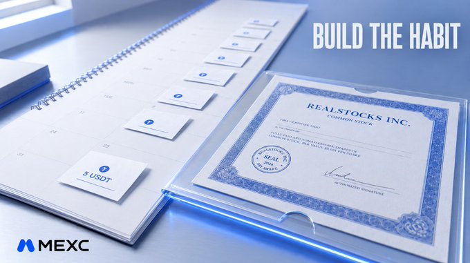Promotional image showing a spiral calendar with a '$5 USDT' tab, a 'REALSTOCKS INC. COMMON STOCK' certificate, and the text 'BUILD THE HABIT' with a MEXC logo.