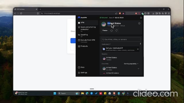 Screenshot of the NordVPN desktop application open on a Windows taskbar, with the user selecting a 'Dedicated IP' United States server (New York) priced at $6.45 for the Basic plan.
