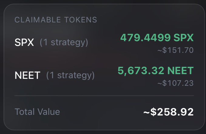 A screenshot displays claimable tokens totaling ~$258.92, including 479.4499 SPX (~$151.70) and 5,673.32 NEET (~$107.23) from automated dollar-cost averaging strategies. This supports the post's recommendation of setting up passive DCA strategies on SPX and NEET tokens as a hands-off investment approach.