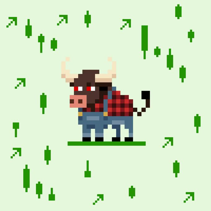 A pixel-art illustration shows a brown bull wearing a red plaid shirt and blue overalls, surrounded by falling green candlesticks and upward arrows on a pale green background.