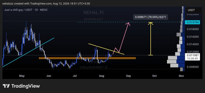 A TradingView daily chart of $CHILLGUY/USDT on MEXC shows price compressing between $0.010–$0.0105 support and a descending trendline, with annotations projecting a breakout toward $0.0198 (highlighted as a +78.05% / +8,671% move) and the NEHALFI (@nehalzzzz) watermark.