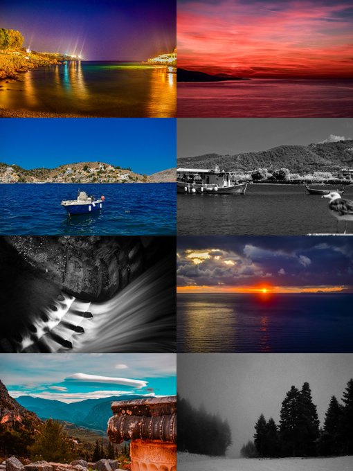 A four-by-two grid collage of eight landscape photographs featuring seascapes, boats, sunsets, waterfalls, and mountains in both color and black-and-white.