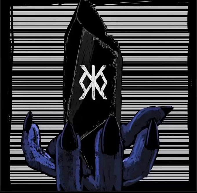 A dark illustration shows a figure in a hooded cloak with a stylized 'IX' or runic symbol on the chest, surrounded by clawed tentacles against a striped background.