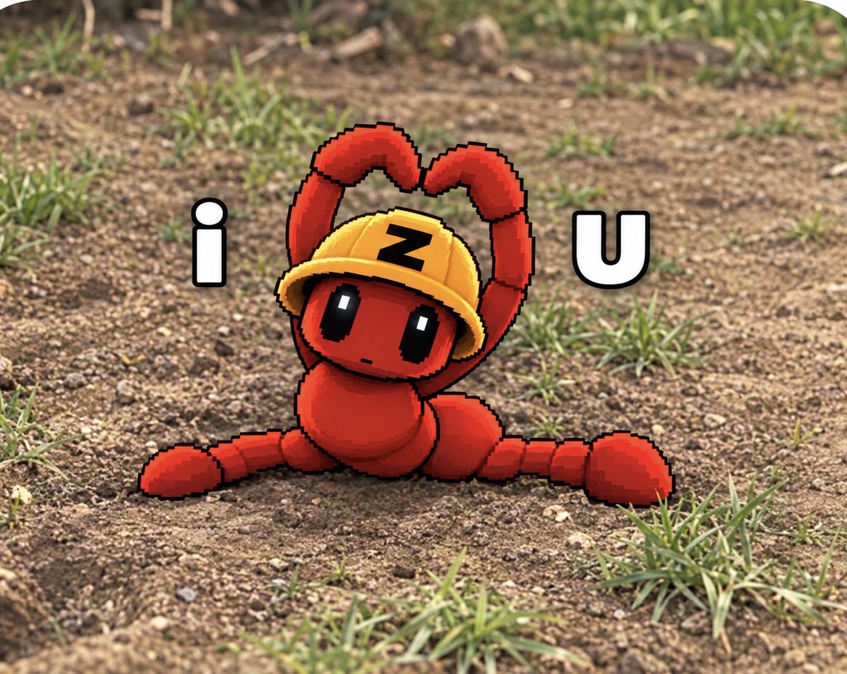 A pixel-art style red character with an 'N' on its yellow hard hat, posing with arms forming a heart shape above its head on a dirt and grass background, flanked by 'i' and 'U' letters.