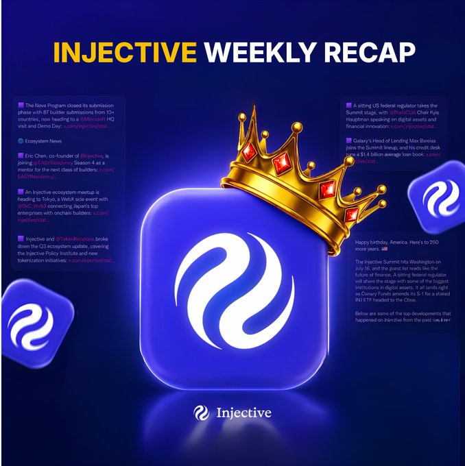 Injective Weekly Recap graphic featuring a golden crown atop the Injective logo, with bullet points covering the Nova Program, Eric Chen's SEAD Residency, Tokyo Web3 side event, and $1.4 billion Coinbase lending milestone.