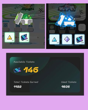 A screenshot of a mobile game interface displaying rewards with in-game items, and a panel showing 'Available Tickets: 146', 'Total Tickets Earned: 1182', and 'Used Tickets: 1035'.