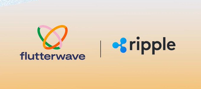 The image features two logos, "RIPPLE" and "FLUTTERWAVE". The two brands are positioned side by side against an orange background. Below them, a line of text reads "RIPPLE invests $3.3 billion in Flutterwave", emphasizing the collaboration between these two companies. In total, there are six words visible: "RIPPLE", "flutterwave", "invests", "$3.3 Billion", and "GLOBAL". The image provides a visual representation of how Ripple has invested in Flutterwave's development for an upcoming payment platform called "RLUSD" and the XRPL.
