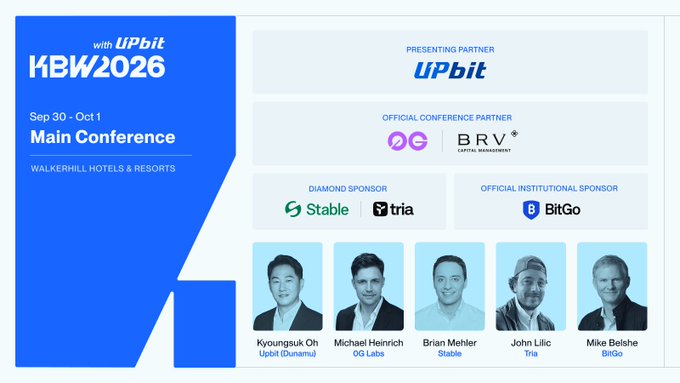 The image is a promotional graphic for **KBW2026 Main Conference** (Sep 30 – Oct 1) at Walkerhill Hotels & Resorts, featuring Upbit as the Presenting Partner, 0G Labs/BRV Capital Management as Official Conference Partners, and Stable, Tria, and BitGo as Diamond/Official Institutional Sponsors. It highlights five speakers: Kyungsuk Oh (Upbit Dunamun), Michael Heinrich (0G Labs), Brian Mehller (Stable), John Lilic (Tria), and Mike Belshe (BitGo) — all institutional digital asset leaders backing the event.