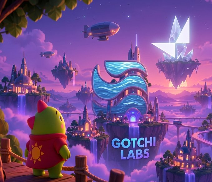 Fantasy-style promotional artwork for 'GOTCHI LABS' featuring a cute green dragon-like character in a red sun shirt overlooking a floating cityscape with waterfalls, airships, and a large crystalline Ethereum-style logo.