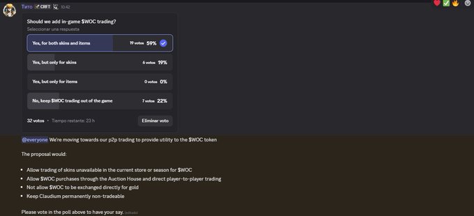 The image shows a Discord poll from the "Tano - CBY ⅺ" channel, where users are voting on whether to add in-game $WOC trading, with 59% (18 votes) favoring allowing trades for both skins and items, 19% (6 votes) opting for skins only, 0% (0 votes) for items only, and 22% (7 votes) preferring no $WOC trading at all. Below the poll, a proposal outlines plans including trading unavailable skins or seasons for $WOC, allowing purchases through the Auction House, and keeping Claudium non-tradeable. This directly supports the post's claim about Web3 gaming, highlighting the community-driven effort to integrate $WOC token utility into the gameplay of the Web3 game.