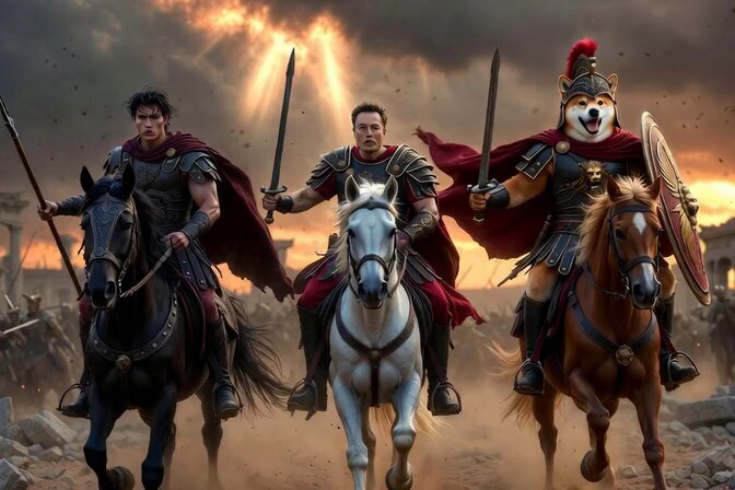 The image features three men riding horses with shields, each wearing a different colored outfit - red for one man, black for another, and brown for the third. The background of the image shows a sunset over a battlefield or ruins, creating an intense atmosphere. The caption reads "The #DOGE and #DOGEUS Army is destined to win every battle. Why? Because we have an endless supply of Dog Food the ultimate fuel that makes them stronger, sharper, and unstoppable in every fight." This post seems to be promoting a humorous or satirical take on the idea of an army's strength through the use of dogs as their primary source of sustenance.