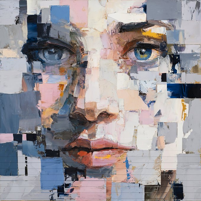 An abstract oil painting portrait of a face with one blue eye, constructed from fragmented geometric blocks of color in pastel and muted tones.