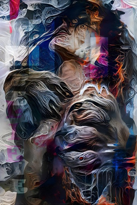 An abstract, swirling digital artwork featuring a face-like form with flowing textures in shades of gray, blue, brown, and magenta, with a small red dot resembling an eye.