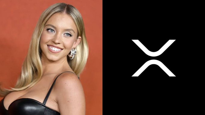 The photo features actress Sydney Sweeney on the left and the XRP cryptocurrency logo on the right. It illustrates the post's claim that Cardano's Charles Hoskinson commented on Sweeney being an XRP holder, though the image itself does not show Hoskinson or contain any quote text.