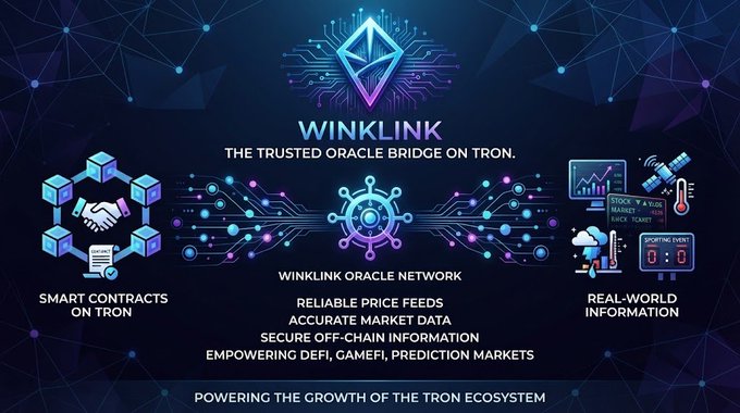 A promotional graphic for 'WINKLINK - THE TRUSTED ORACLE BRIDGE ON TRON' featuring a network diagram and highlighting 'SMART CONTRACTS ON TRON', 'WINKLINK ORACLE NETWORK', and 'REAL-WORLD INFORMATION'.