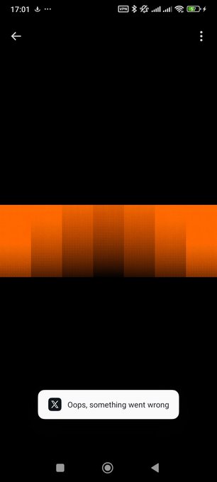 A mobile phone screenshot showing an error message 'Oops, something went wrong' on a black background with an orange gradient bar, with the time '17:01' at the top.