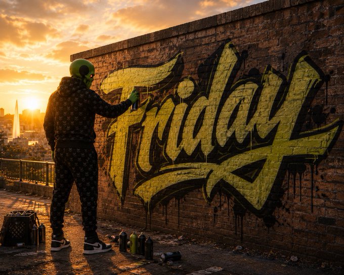 A graffiti artist wearing a green alien mask sprays bold yellow "Finatic" lettering on a brick wall at sunset, with spray paint cans scattered at their feet—capturing the energetic, ready-to-go spirit of the weekend message.