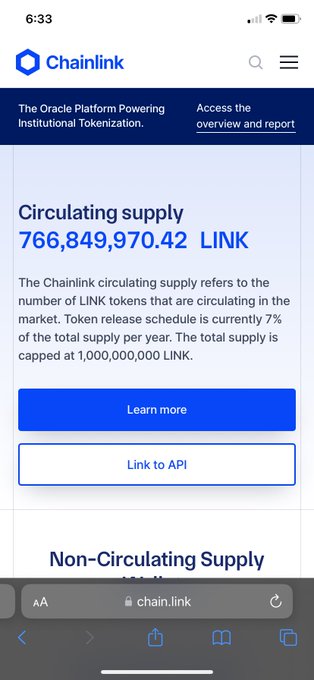 A mobile screenshot of the Chainlink website displaying the circulating supply as '766,849,970.42 LINK' with a capped total supply of 1,000,000,000 LINK.