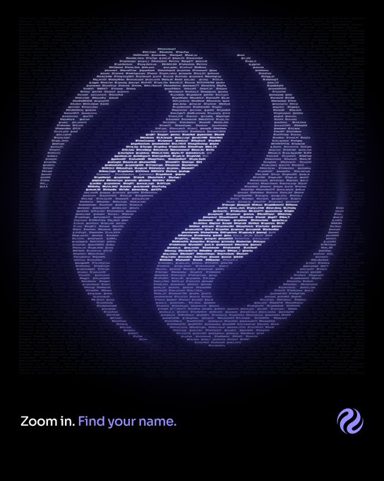 An AirdropBuzz promotional graphic displaying a swirling purple pattern made of Twitter handles, with the text 'Zoom in. Find your name.' at the bottom.