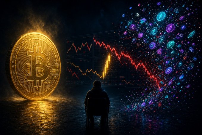 A digital illustration depicts a person sitting in a chair facing three large screens: one showing a golden Bitcoin, a central screen with a red declining stock chart, and a right screen filled with colorful cryptocurrency icons.