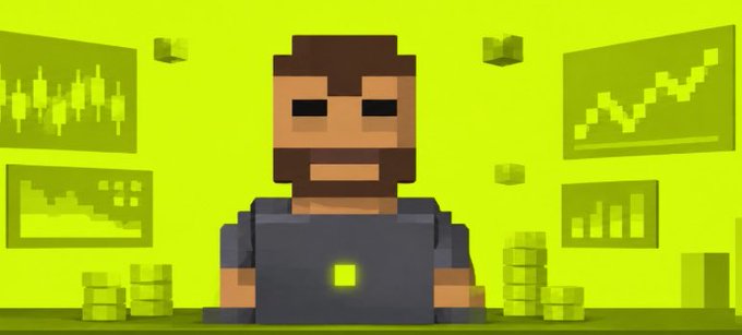 A pixel-art image shows a bearded character sitting at a laptop with a green Bitcoin logo on the screen, surrounded by floating coins, bar charts, and candlestick graphs against a neon green background—evoking cryptocurrency trading, which ties into the giveaway post promoting a whitelist opportunity and free mint for the @ChainTradersNFT project.