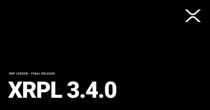 A sleek black promotional banner announcing "XRPL 3.4.0" as the final release of the XRP Ledger, featuring the distinctive XRP logo in the top-right corner. The minimalist design pairs bold white typography against a dark background to highlight this major software update, which the accompanying post details includes performance improvements, stability enhancements, the Lending V1.1 amendment, and a fix cleanup amendment.