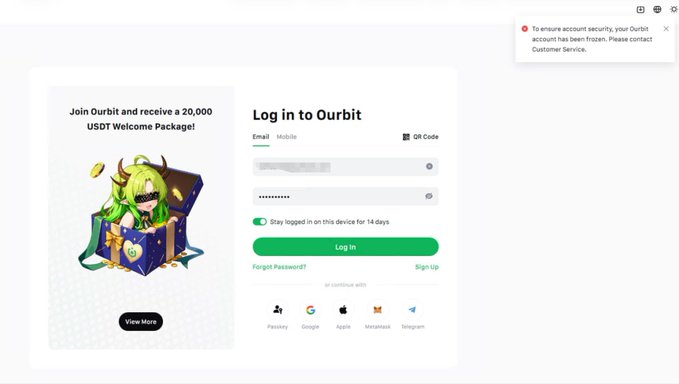 The image shows a login screen for "OurBit" where a "To ensure account security, your Ourbit account has been frozen" notification is displayed, alongside promotional text for a "20,000 USDT Welcome Package." This visually represents the user's claim that their account has been frozen, contradicting the platform's welcoming offers.