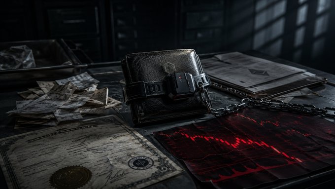 The image features a wallet with chains chained around it sitting on a table next to some papers including an APL (American Passport Lottery Draw) certificate that reads "Death certificate for high APY is passive income". The context of this scene is set in a dimly lit area, and the image is accompanied by a caption from the original post.