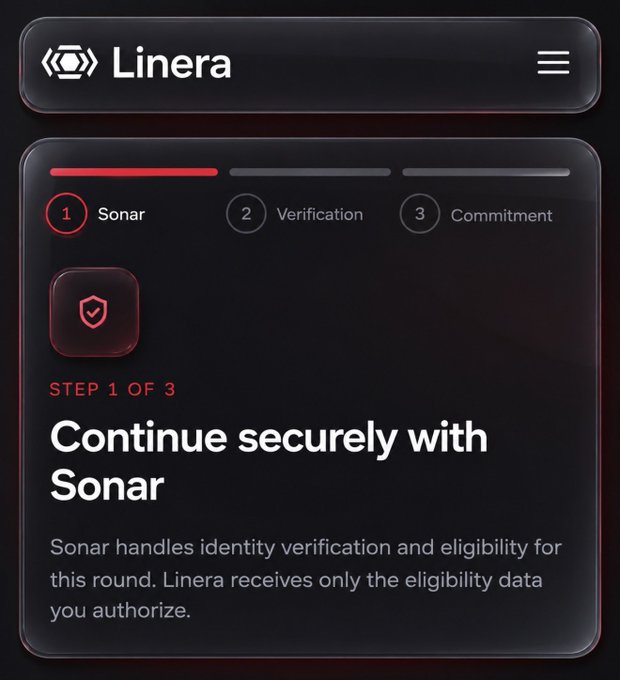 A Linera interface displaying the first of three steps—"Continue securely with Sonar"—where Sonar handles identity verification and eligibility for the round, with Linera receiving only the authorized eligibility data. This relates to the airdrop verification process highlighted in the post, emphasizing the Commitment Credit Multipliers and fee-free trading benefits tied to user verification.