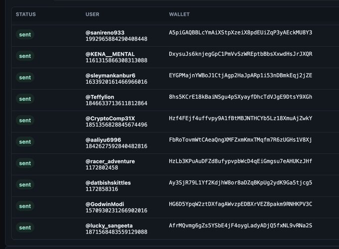 A table displays 10 "sent" airdrop transactions to Twitter usernames including @sanireno933, @KENA__MENTAL, and @sleymankanbur6, each linked to a distinct Solana wallet address. The image serves as proof of airdrop distribution, aligning with the post's claim of rewarding over 200 wallets to grow "THE CHINESE BULL" community.