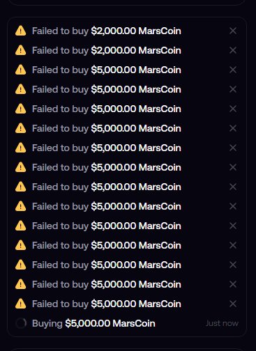 A screenshot of a trading app's notification panel shows a long list of failed MarsCoin purchase attempts at $2,000 and $5,000, with one current $5,000 purchase in progress, illustrating the user's frustration with FOMO platform's poor execution and high fees causing financial losses.