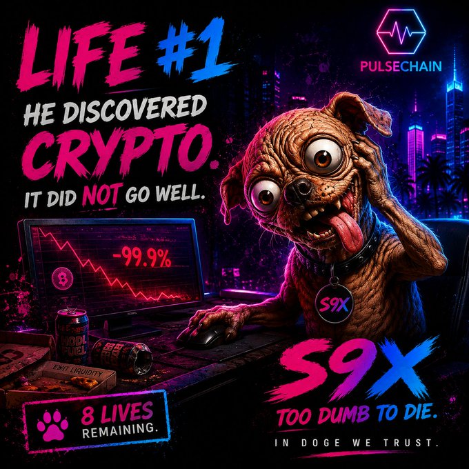 A vibrant, cyberpunk-style promotional image for a cryptocurrency called S9X, featuring a wide-eyed, monstrous dog character staring at a computer screen showing a crash of -99.9% in pink and blue text, with phrases like "LIFE #1 HE DISCOVERED CRYPTO. IT DID NOT GO WELL." and "S9X TOO DUMB TO DIE. IN DOGE WE TRUST," along with PulseChain and S9X branding.