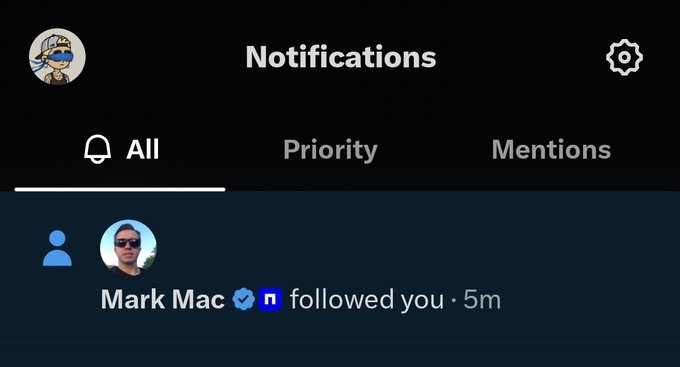 A Twitter/X notifications screen showing that 'Mark Mac' (verified) followed you 5 minutes ago.