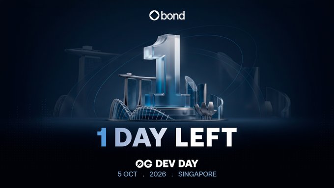 A promotional graphic for '1& bond' with text reading '1 DAY LEFT, OG DEV DAY, 5 OCT, 2026, SINGAPORE' against a blue background with a 3D number 1.