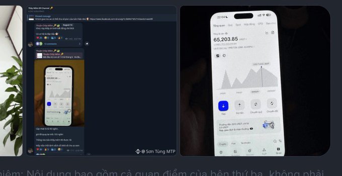 A side-by-side comparison shows a Discord chat on the left discussing suspicions of a KOL named "Thuận Mõm" trading on demo accounts, alongside a phone screenshot on the right displaying a trading app showing a peak account value of "65,203.85 USDT." The image visually supports the post's claim by featuring the disputed trading account screen that critics allege may be from a demo account used to mislead followers.