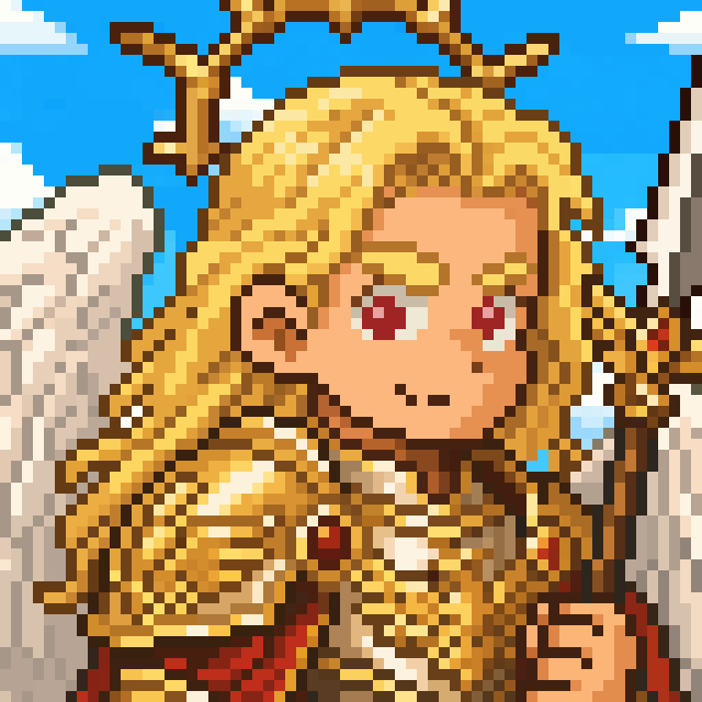 A pixel art portrait of a blonde female character with red eyes and a crown-like headpiece against a blue sky background, characteristic of classic RPG games.