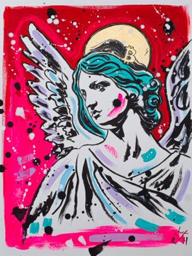 A vibrant pop-art style painting of an angel with teal hair, a golden halo, and large wings against a bright pink and red background with paint splatters.
