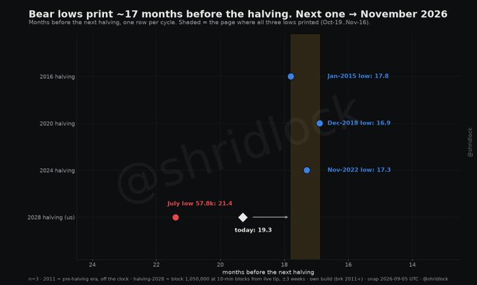 A chart titled "Bear lows print ~17 months before the halving" showing Bitcoin halving cycles from 2016, 2020, 2024, and 2028, with data points including "Jan-2015 low: 17.0", "Dec-2018 low: 16.9", and "Nov-2022 low: 17.3", watermarked with "@shridlock".