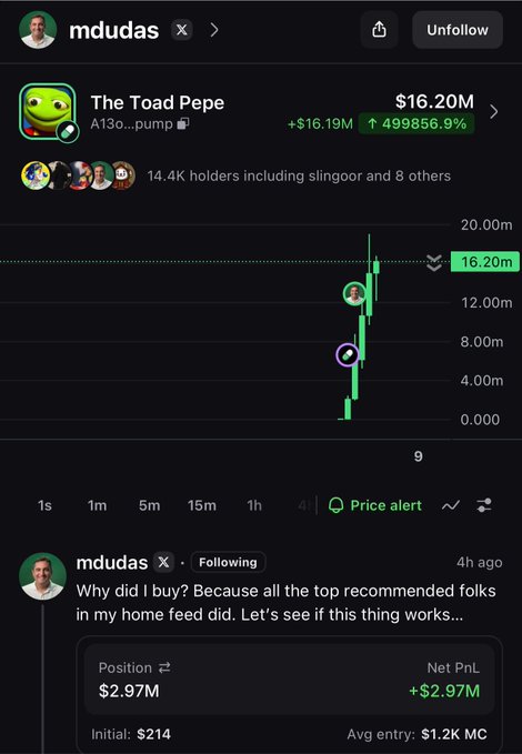 A cryptocurrency tracking app screenshot showing a memecoin called 'The Toad Pepe' with a market cap of $16.20M and a massive 499856.9% gain, along with a trader named 'mdudas' showing a +$2.97M profit.