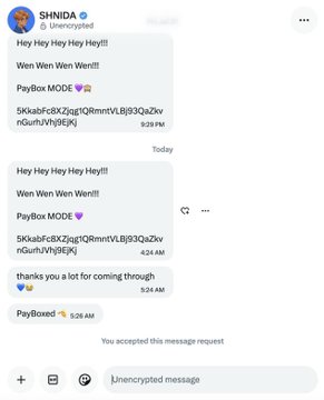 A Twitter/X screenshot of a DM conversation between a user "SHNIDA" (@_thenryslated) and themselves, showing PayBox payments of 5SKxaBrEkZzlgtlQRmntVLBj8Q3QaZkv nGurh/Vhj9I(Ejk) and repeated greetings like "Hey Hey Hey Hey Hey!!! Wen Wen Wen Wen!!" sent at 5:29 PM and 4:24 AM, with the context indicating the sender faked a conversation with himself to make it appear someone else responded.