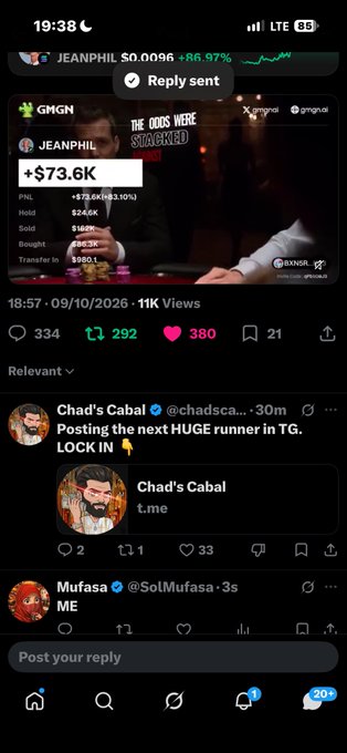 A mobile screenshot shows a social media feed with a $73.6K profit/loss display for JEANPHIL ($0.0096, +86.97%) alongside a post from GMGN stating 'THE ODDS WERE STACKED.', followed by replies from 'Chad's Cabal' and 'Mufasa'.