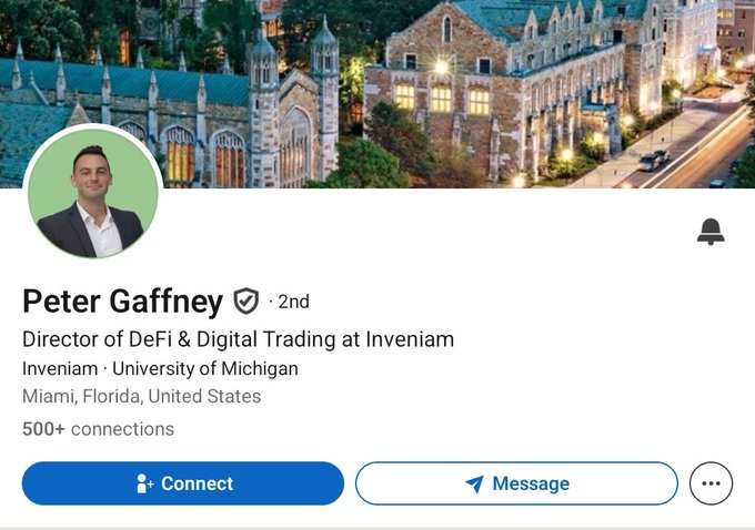 A LinkedIn profile header for Peter Gaffney, Director of DeFi & Digital Trading at Inveniam, with the University of Michigan listed as his education, showing 500+ connections.