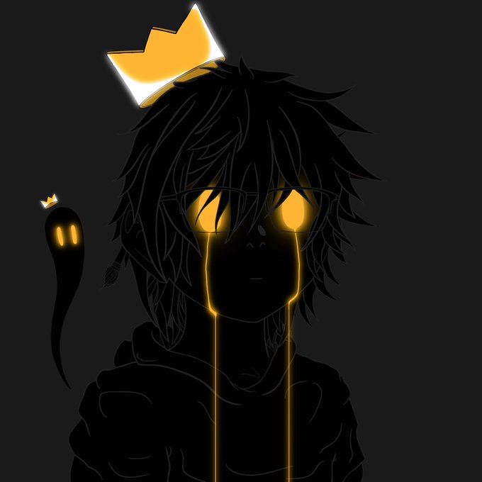 A dark anime-style figure has glowing yellow eyes with tears streaming down, a yellow crown, and a small ghost-like companion floating beside them.