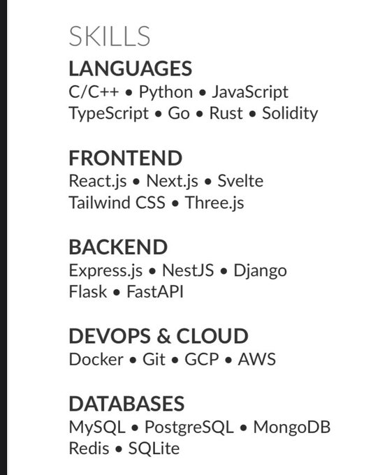 A skills section of a resume listing programming languages (C/C++, Python, JavaScript, TypeScript, Go, Rust, Solidity), frontend frameworks (React.js, Next.js, Svelte, Tailwind CSS, Three.js), backend technologies (Express.js, NestJS, Django, Flask, FastAPI), DevOps tools (Docker, Git, GCP, AWS), and databases (MySQL, PostgreSQL, MongoDB, Redis, SQLite), presented as the technical qualifications of a highly experienced blockchain developer.