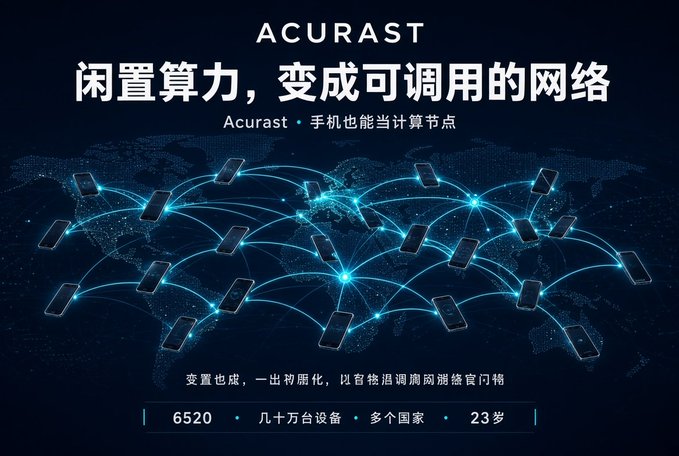 The image showcases a global network of smartphones interconnected with glowing blue lines over a world map, branded with "ACURAST" and the tagline "闲置算力，变成可调用的网络" (Idle computing power becomes a callable network). Key statistics displayed include "6520" devices, "几十万台设备" (hundreds of thousands of devices), "多个国家" (multiple countries), and "23岁" (age), highlighting the platform's decentralized mobile computing network.

This visually reinforces the post's promotion of an Acurast and EchoHunt_ai ecosystem event by illustrating the vast, distributed network of mobile computing nodes that forms the backbone of Acurast's decentralized infrastructure, emphasizing the scale and global reach that makes the 200,000 token prize pool event so appealing.