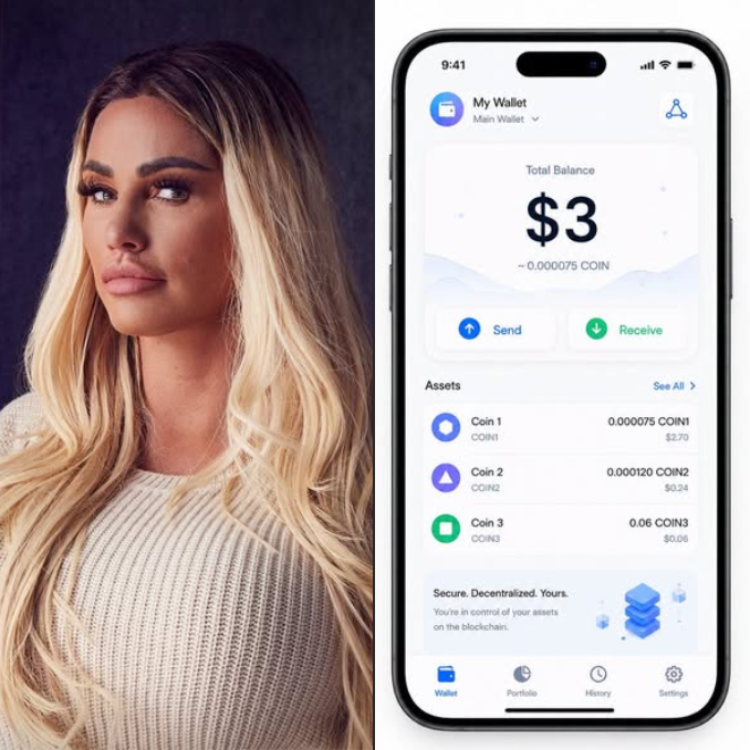 A split image showing a blonde woman in a cream sweater alongside an iPhone displaying a crypto wallet app with a total balance of '$3', listing assets including Coin 1, Coin 2, and Coin 3.