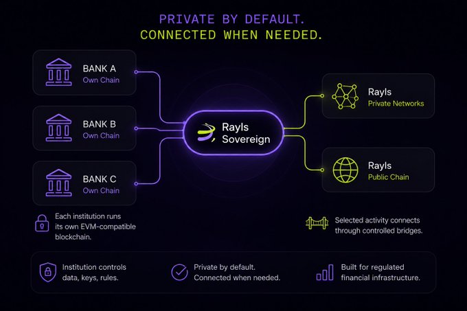 The diagram, titled "PRIVATE BY DEFAULT. CONNECTED WHEN NEEDED," illustrates Rayls Sovereign's architecture where Bank A, Bank B, and Bank C each operate their own private EVM-compatible blockchains, with selected activity bridging to either Rayls Private Network or Rayls Public Chain. This directly supports the post's point by visually showing how financial institutions maintain sovereignty over their data while only connecting to shared infrastructure when needed, resolving the regulatory conflict of co-locating customer data on public blockchains.