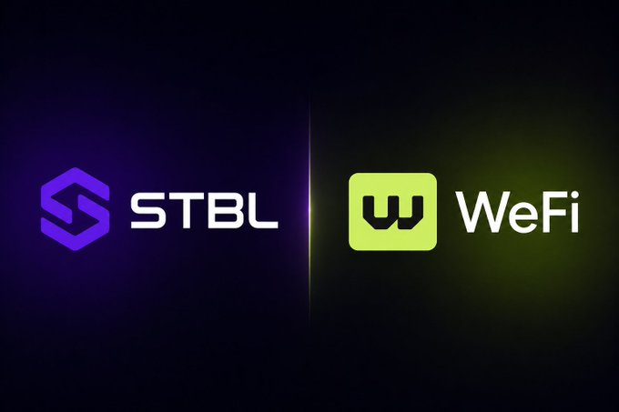 Dark promotional graphic displaying two logos side by side: a purple 'STBL' logo on the left and a yellow-green 'WeFi' logo on the right, separated by a glowing vertical line.