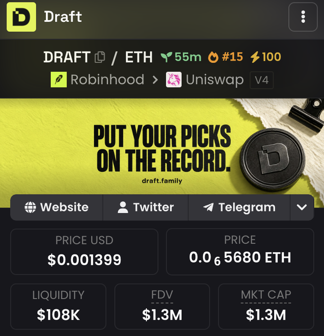 A screenshot from DexScreener displays the "Draft" (DRAFT/ETH) token on Uniswap V4, showing a price of $0.001399 USD with $108K liquidity and a $1.3M market cap. The accompanying post endorses buying $DRAFT, citing the credibility of its developer "Dudu," who also created the "flap" launchpad.