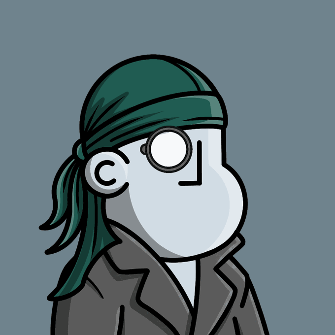 Cartoon illustration of a character with a large round nose, monocle, green bandana, and dark coat.